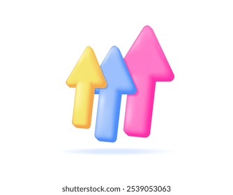 conceito de desenvolvimento, melhoria, atualização, atualização, inovação, crescimento. ilustração de uma seta para cima. vermelho, amarelo, setas azuis. símbolo ou ícone. design de estilo 3d minimalista.