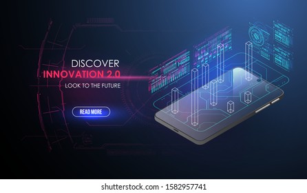 Concept development of a new smartphone in HUD style. 3D touch screen with armored glass. Template presentation UI design, App.