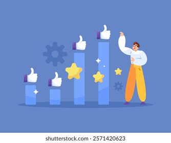 concept of development or self-development. performance continues to improve and get better. improvement. illustration of a man with a bar graph with a thumbs up. flat style design. elements