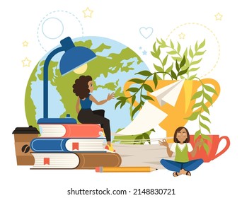 The concept of development and self-learning. The girl sits on books, studying them learns the world. Advanced training, knowledge of the world with the help of the library. Flat vector illustration.