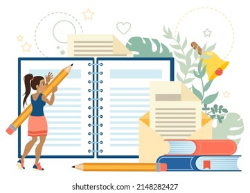 The concept of development and self-learning. The girl takes notes, reads books and takes notes. Improving skills and retraining. Flat vector illustration.