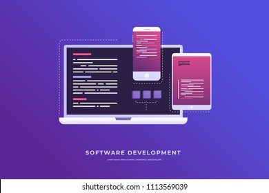 Konzept der Entwicklung und Software. Monitor mit Programmcode auf dem Bildschirm von Laptop, Tablet und Smartphone. Digitale Industrie. Große Datenverarbeitung. Vektorflache Illustration.