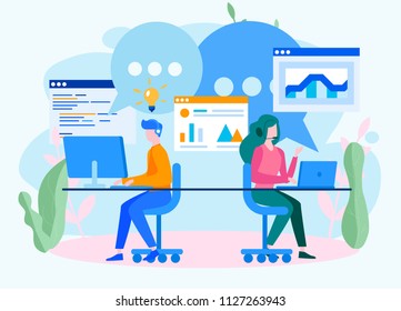 Concept development team, design process , People brainstorming for web page, banner, social media, documents. Vector illustration mobile application web development, team work, start up, project