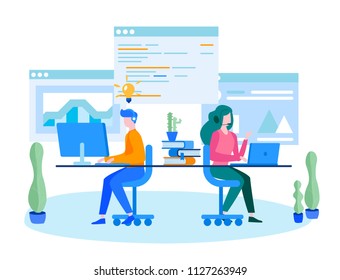 Concept development team, design process , People brainstorming for web page, banner, social media, documents. Vector illustration mobile application web development, team work, start up, project