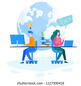Concept development team, design process , People brainstorming for web page, banner, social media, documents. Vector illustration mobile application web development, team work, start up, project
