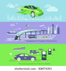 Concept of development of transport infrastructure maritime and air. Transportation future growing, electric vehicle popularity, traffic automobile, auto technology illustration