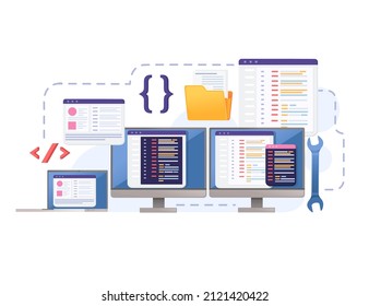 Concept for development using programming languages with online sharing data vector illustration on white background