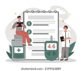Concept of diabetes. Young guy came to visit doctor, specialist measures level of sugar in blood. Insulin, glucose test. Medical poster or banner for website. Cartoon flat vector illustration