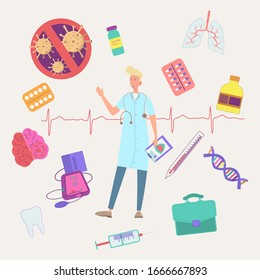 The concept of diagnosis and treatment of coronavirus COVID-2019. Doctors diagnose the deadly type of 2019 nKoV virus. Little scientists study the virus. Colorful vector illustration