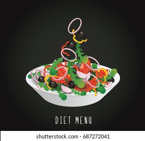 concept of diet, nutrition, healthy lifestyles - a plate with the Salad diet vegetables on a black background. Vector design for diet menu, cafe, restaurant.