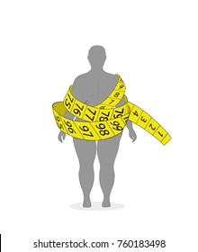 The concept of diet and weight loss. silhouette of a woman with overweight in a yellow tape measure. vector illustration.