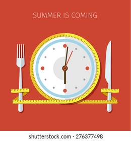 Concept of dieting, planned way of eating, nutrition regime. Colored flat design vector illustration