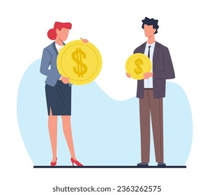 Concept of difference in earnings, man and woman holding different dollar coins. Inequality in salary, different opportunities for male and female employee, vector cartoon flat illustration