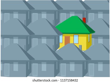 concept of difference. multicolor house in a row of grey