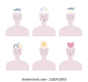 Concept of different kinds of mood and emotions. Human is sad, surprised, angry, puzzled, happy and in love. Emotions and symbolical presentation of them. Vector illustration