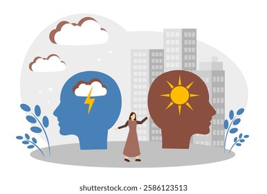 The concept of different moods, different emotions and psychological states. Mental health. Head with a cloud and lightning. Head with the sun