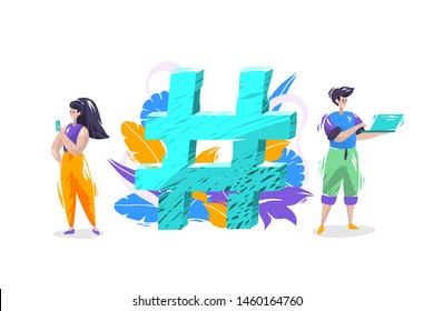 Concept with different people and big hashtag.  Women and men are using gadgets. Socialmedia. Vector illustration.