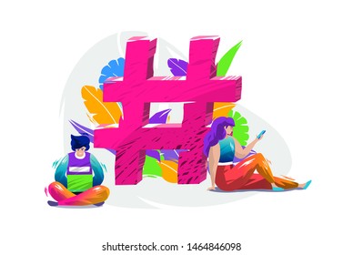 Concept with different people and big hashtag.  Women and men are using gadgets. Socialmedia. Vector illustration.