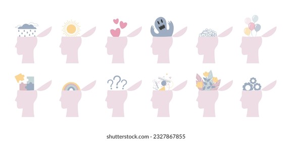 The concept of a different states of mind. Different people have various mood, thoughts and ideas. Human mental health. Vector illustration