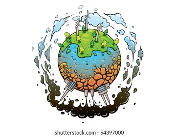 concept of different types of energy production methods. Planet earth green future with good energy and polluted one with bad