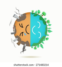 concept of different types planet earth green and the polluted land
