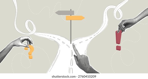 Concept of difficult choices, career path, decision making, and problem solving. Trendy halftone collage. Human hands interacting with a road and signs. An uncertain future and the direction of a