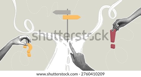 Concept of difficult choices, career path, decision making, and problem solving. Trendy halftone collage. Human hands interacting with a road and signs. An uncertain future and the direction of a