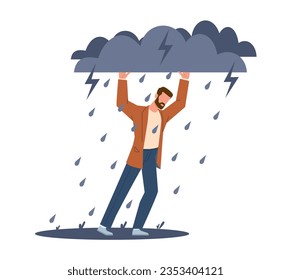 Concept of difficult situations in life and problems in business, man carries heavy burden of difficulties. Obstacle or risk to overcome and succeed, vector cartoon flat isolated illustration
