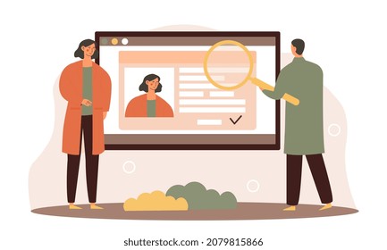 Concept Of Digital Citizenship. Man And Girl Evaluate Information On Screen Using Loupe. Characters Exploring Archives. Firm Looking Ways To Collect Statistics. Cartoon Flat Vector Illustration