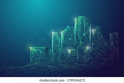 concept of digital city or smart city, graphic of polygonal buildings with futuristic element