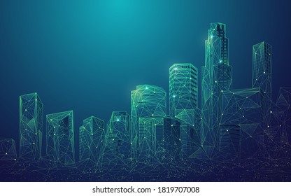 Concept Of Digital City Or Smart City, Graphic Of Polygonal Buildings With Futuristic Element