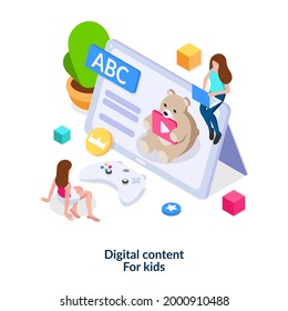 Concept of digital content for kids. Entertainment for children on the web. Safe internet. Educational, fun and friendly content. Vector illustration in isometric style. Isolated on white background