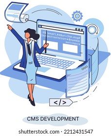 Concept of digital content management system, CMS software. Information system or computer program used to enable and organize collaborative process of creating, editing and managing soft in network
