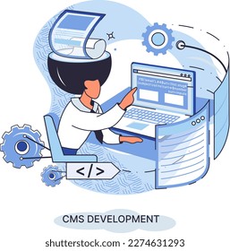 Concept of digital content management system, CMS software. Information system or computer program used to enable and organize collaborative process of creating, editing and managing content