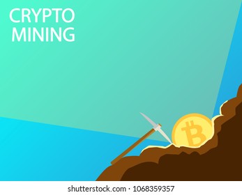 Concept of Digital Crypto Mining. Person Extracting bitcoin Coins from Rock with a pickaxe. Vector Illustration