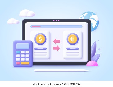 Concept of digital currency exchange. Finance, digital money market, cryptocoin wallet, stock exchange, online money transfer. 3d vector illustration.\n 