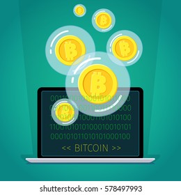 Concept of digital currency. Golden Bitcoin in a bubble. Flat design, vector illustration.