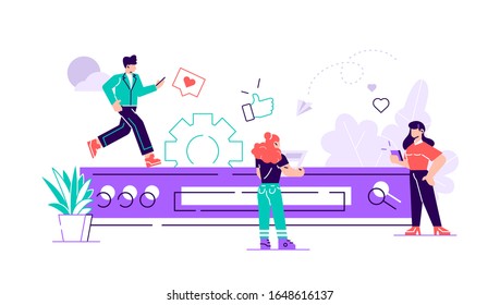 Concept of digital data research on computer. Information researching.Vector illustration, field and search icon. Flat style modern design vector illustration for web page, cards, poster, social media