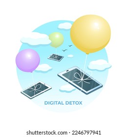 The concept of digital detox. Balloons carry smartphones tethered to them into the sky.
