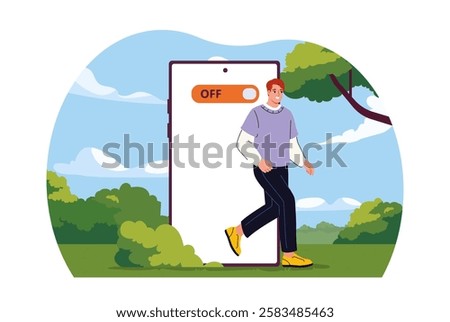 Concept of digital detox. Man near smartphone screen. Fighting addiction to instant messengers and social networks. Awareness and mindfulness. Mental health care. Flat vector illustration