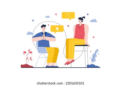 Concept Digital detox with people scene in the flat cartoon style. Young couple meditates on the street to distract themselves from gadgets. Vector illustration.