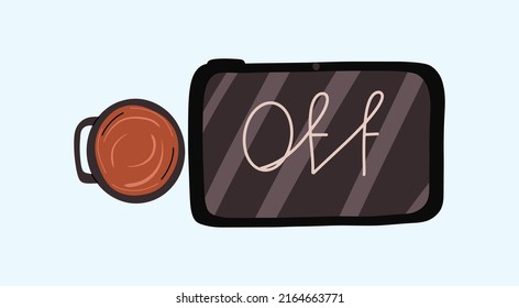 Das Konzept der digitalen Entgiftung. Turned off Tablette und Kaffeekrug. Vektorgrafik 