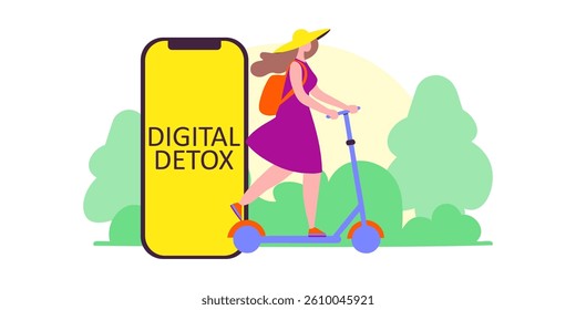 Concept of digital detox. a woman rides a scooter in park, enjoys time without a phone. flat vector illustration isolated on white background.