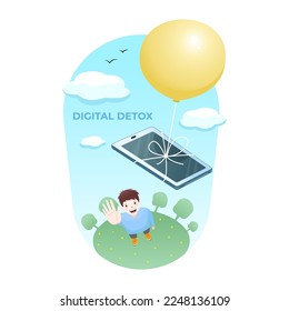 The concept of digital detoxification. A man is happy to get rid of his smartphone. Releasing a balloon into the sky, to which the smartphone is tied.