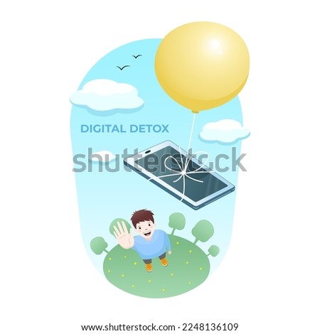 The concept of digital detoxification. A man is happy to get rid of his smartphone. Releasing a balloon into the sky, to which the smartphone is tied.