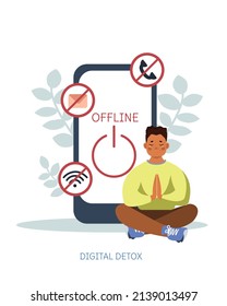 The concept of digital detoxification. A man meditates in the lotus position. Informational detoxification. Rejection of news, gadgets, devices, the Internet, social networks. Maintaining mental healt