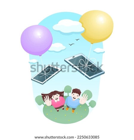 The concept of digital detoxification. People are happy to get rid of their smartphones. They launch balloons into the sky with their smartphones tied to them.