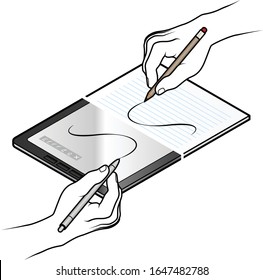 Concept: the digital divide. Hands drawing on paper and tablet.