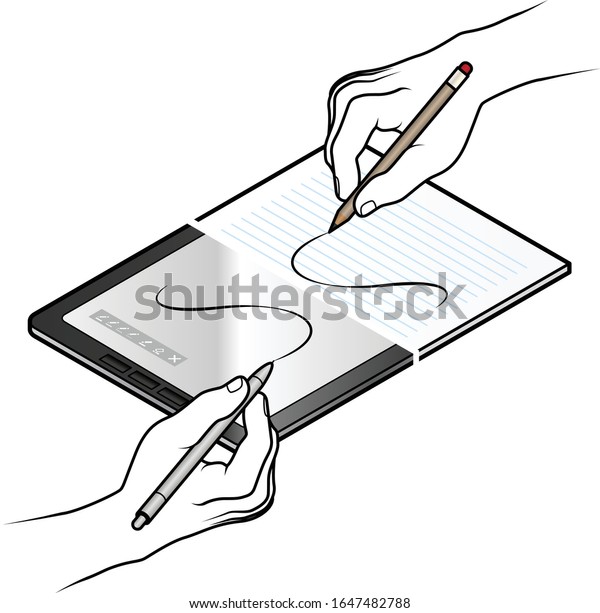 Concept: the digital divide. Hands drawing on\
paper and tablet.