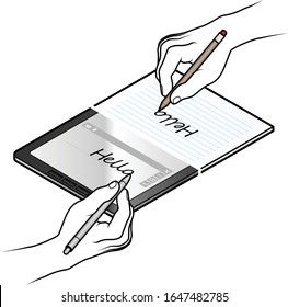 Concept: The Digital Divide. Hands Writing On Paper And Tablet.